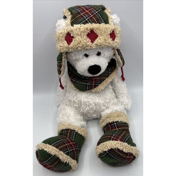 2011 Hugfun Int’l White/Green Teddy Bear Winter Hat Boots Scarf Plaid Holiday - Picture 9 of 16
